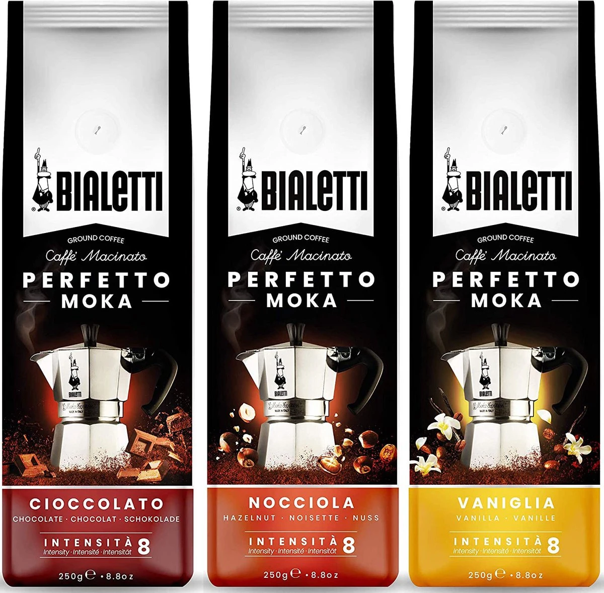 Bialetti Perfetto Moka Gemalen Koffie Smaken proefpakket - 3 x 250 gram - Cioccolato, Nocciola en Vaniglia Bialetti Perfetto Moka Gemalen Koffie Smaken Proefpakket - 3 X 250 Gram - Cioccolato, Nocciola En Vaniglia -Lavazza Winkel 1200x1178 1