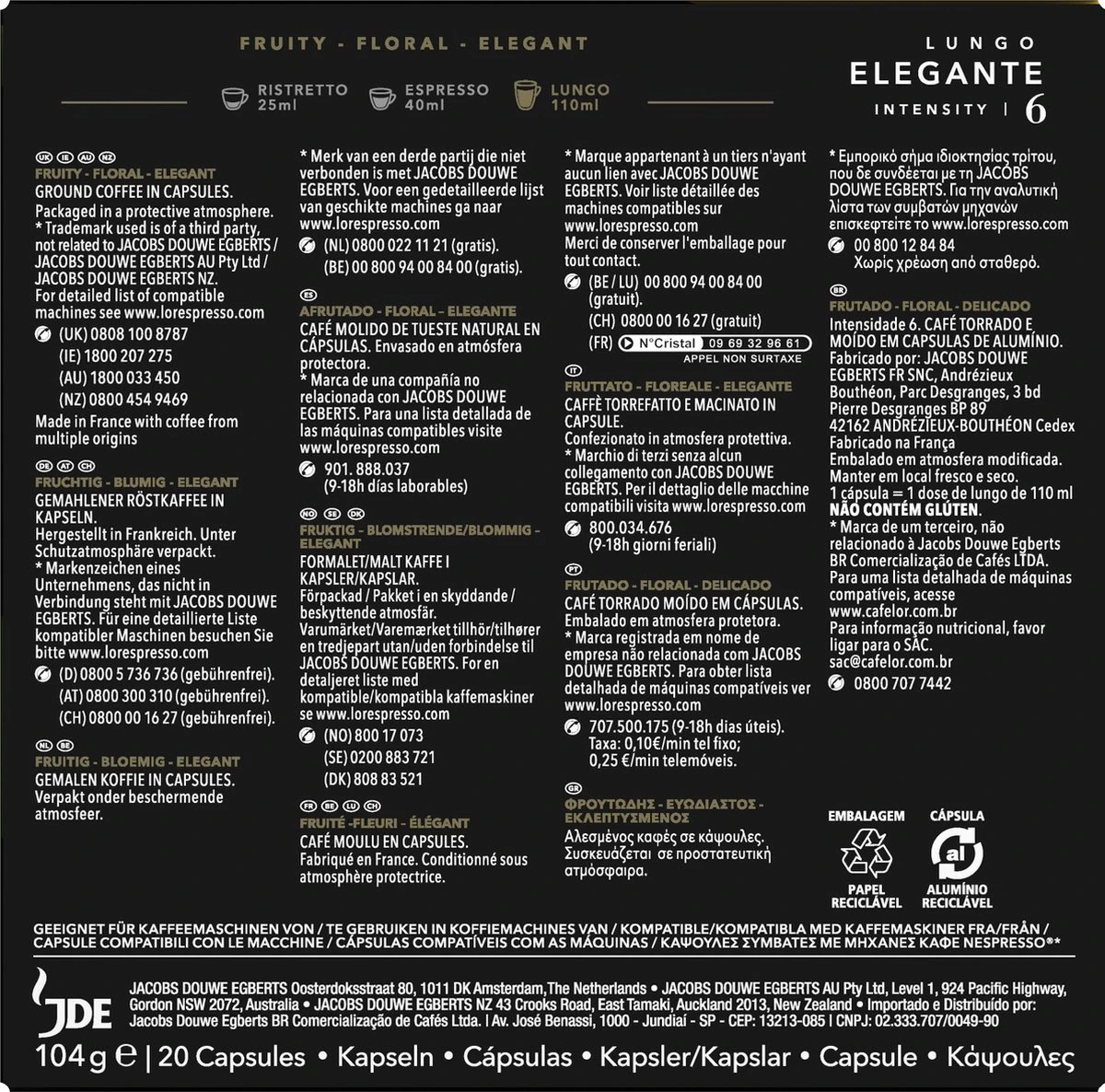 L'OR Lungo Elegante Koffiecups - Intensiteit 6/12 - 10 x 20 capsules L'OR Lungo Elegante Koffiecups - Intensiteit 6/12 - 10 X 20 Capsules -Lavazza Winkel 1200x1186 6