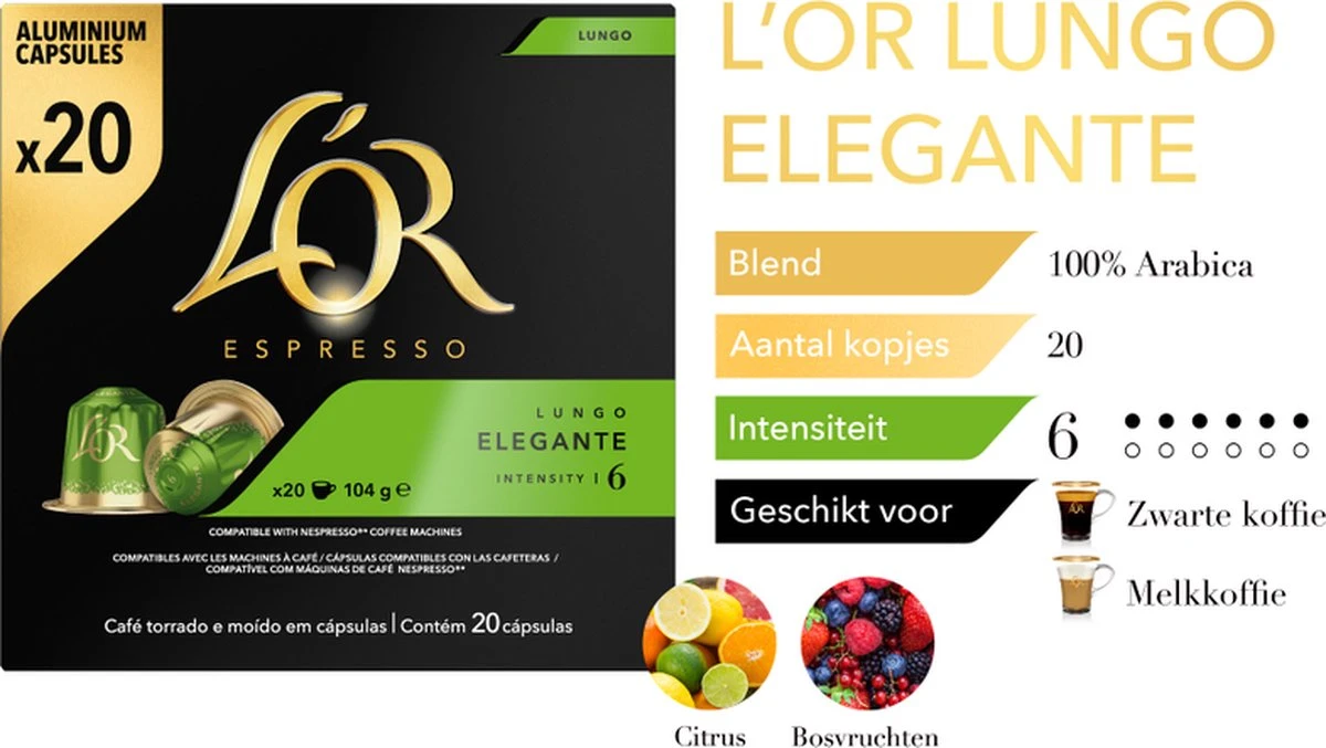 L'OR Lungo Elegante Koffiecups - Intensiteit 6/12 - 10 x 20 capsules L'OR Lungo Elegante Koffiecups - Intensiteit 6/12 - 10 X 20 Capsules -Lavazza Winkel 1200x677 1