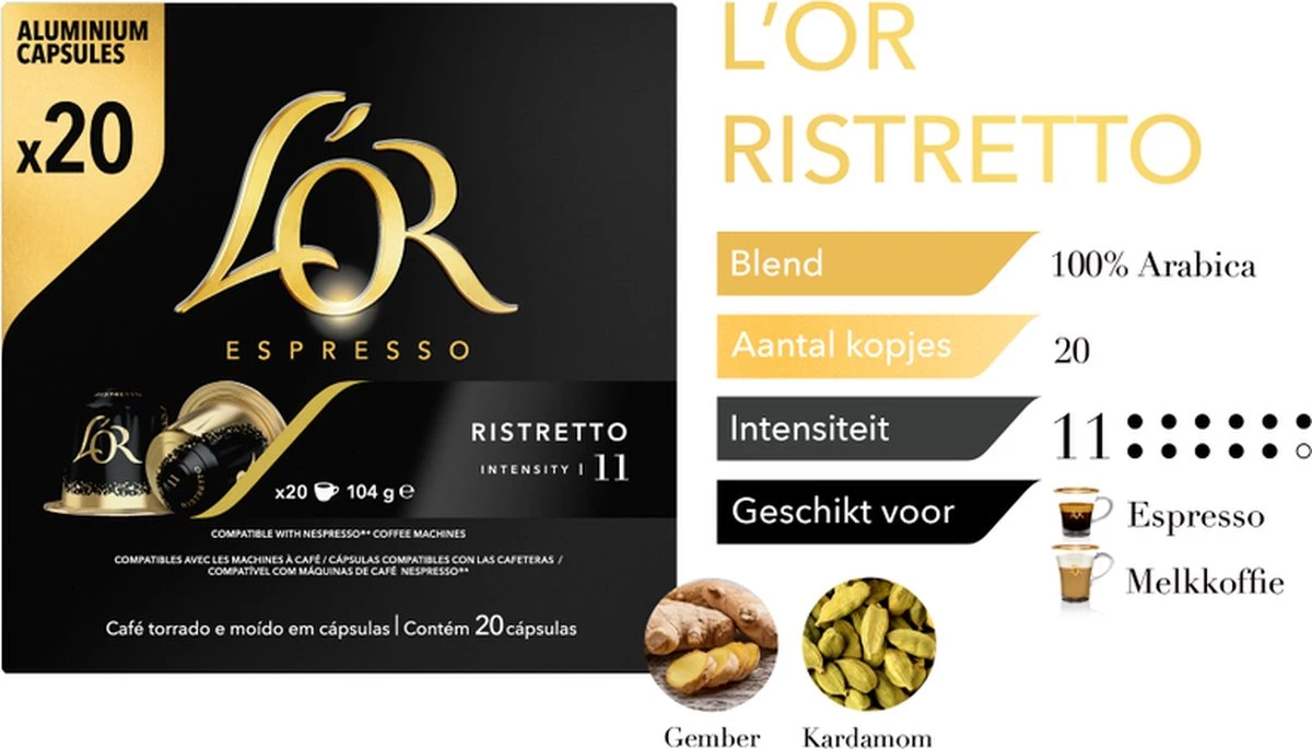 L'OR Espresso Ristretto Koffiecups - Intensiteit 11/12 - 10 x 20 capsules L'OR Espresso Ristretto Koffiecups - Intensiteit 11/12 - 10 X 20 Capsules -Lavazza Winkel 1200x685 1