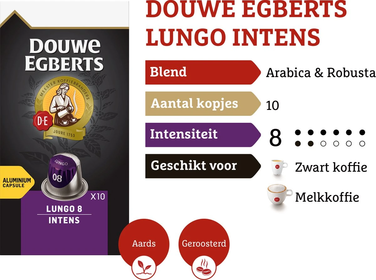 Douwe Egberts Lungo Intens Koffiecups - Intensiteit 8/12 - 10 x 10 capsules Douwe Egberts Lungo Intens Koffiecups - Intensiteit 8/12 - 10 X 10 Capsules -Lavazza Winkel
