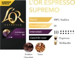 L'OR Espresso Supremo Koffiecups - Intensiteit 10/12 - 10 X 10 Capsules -Lavazza Winkel 1200x933