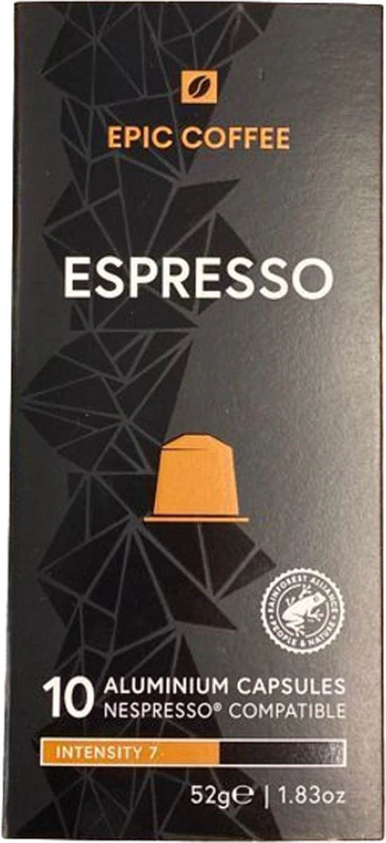 100 Capsules Epic Coffee - Espresso - Nespresso® compatible aluminium capsules - RFA Keurmerk - Doos 100 stuks 100 Capsules Epic Coffee - Espresso - Nespresso® Compatible Aluminium Capsules - RFA Keurmerk - Doos 100 Stuks -Lavazza Winkel