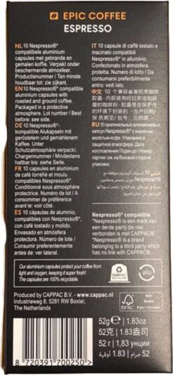 100 Capsules Epic Coffee - Espresso - Nespresso® Compatible Aluminium Capsules - RFA Keurmerk - Doos 100 Stuks 8 100 Capsules Epic Coffee - Espresso - Nespresso® Compatible Aluminium Capsules - RFA Keurmerk - Doos 100 Stuks -Lavazza Winkel 556x1200