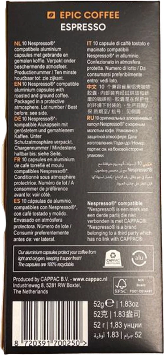 100 Capsules Epic Coffee - Espresso - Nespresso® compatible aluminium capsules - RFA Keurmerk - Doos 100 stuks 100 Capsules Epic Coffee - Espresso - Nespresso® Compatible Aluminium Capsules - RFA Keurmerk - Doos 100 Stuks -Lavazza Winkel