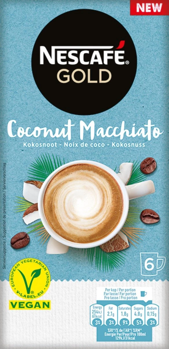 Nescafé Gold Coconut Macchiato oploskoffie - 6 doosjes à 6 zakjes Nescafé Gold Coconut Macchiato Oploskoffie - 6 Doosjes à 6 Zakjes -Lavazza Winkel