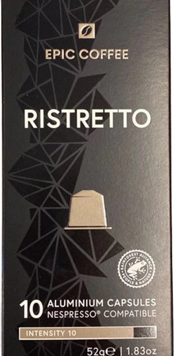 100 Capsules Epic Coffee - Ristretto - Nespresso® compatible aluminium capsules - RFA Keurmerk - Doos 100 stuks 100 Capsules Epic Coffee - Ristretto - Nespresso® Compatible Aluminium Capsules - RFA Keurmerk - Doos 100 Stuks -Lavazza Winkel