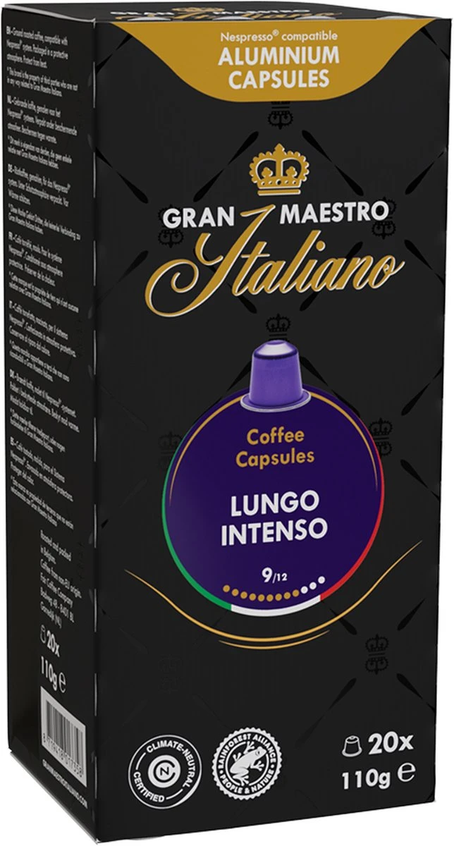 Gran Maestro Italiano - Lungo Intenso - Koffiecups - Nespresso Compatibel Capsules - Krachtige Smaak - 6 x 20 cups Gran Maestro Italiano - Lungo Intenso - Koffiecups - Nespresso Compatibel Capsules - Krachtige Smaak - 6 X 20 Cups -Lavazza Winkel 644x1200 1