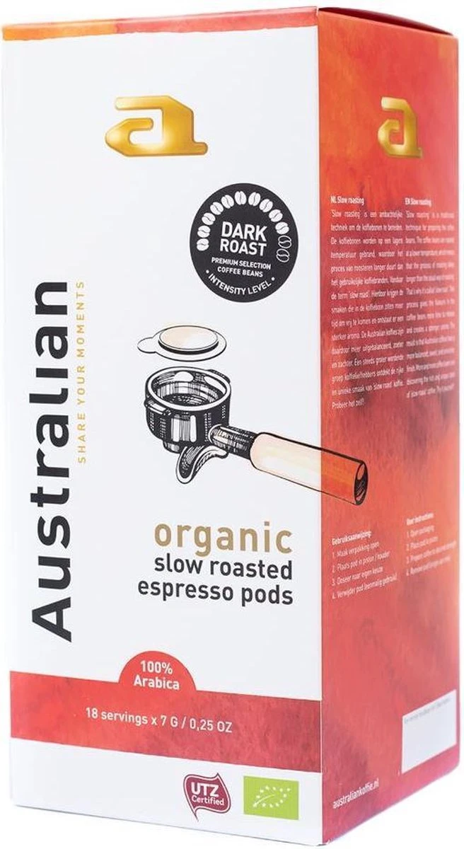 Australian Espresso Pods dark roast -4 x 18 stuks- UTZ Organic Australian Espresso Pods Dark Roast -4 X 18 Stuks- UTZ Organic -Lavazza Winkel