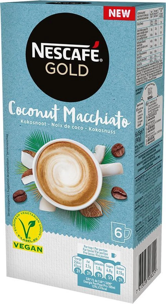 Nescafé Gold Coconut Macchiato oploskoffie - 6 doosjes à 6 zakjes Nescafé Gold Coconut Macchiato Oploskoffie - 6 Doosjes à 6 Zakjes -Lavazza Winkel