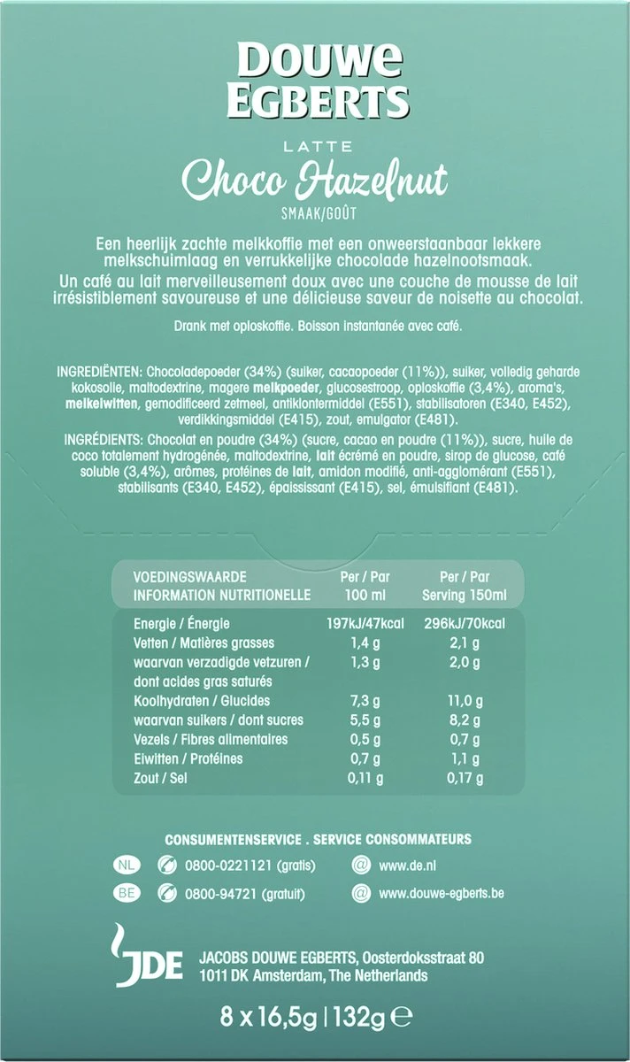 Douwe Egberts Latte Choco Hazelnut Oploskoffie - 5/9 Intensiteit - 5 x 8 zakjes Douwe Egberts Latte Choco Hazelnut Oploskoffie - 5/9 Intensiteit - 5 X 8 Zakjes -Lavazza Winkel