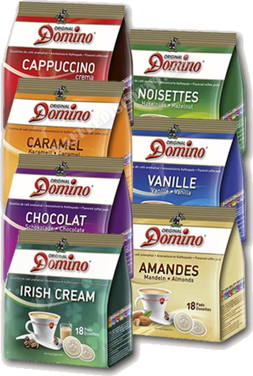 Domino Proefpakket Amandel, Caramel, Cappuccino, Chocolat, Irish Cream, Noisettes en Vanille - Koffiepads - 7 x 18 pads Domino Proefpakket Amandel, Caramel, Cappuccino, Chocolat, Irish Cream, Noisettes En Vanille - Koffiepads - 7 X 18 Pads -Lavazza Winkel