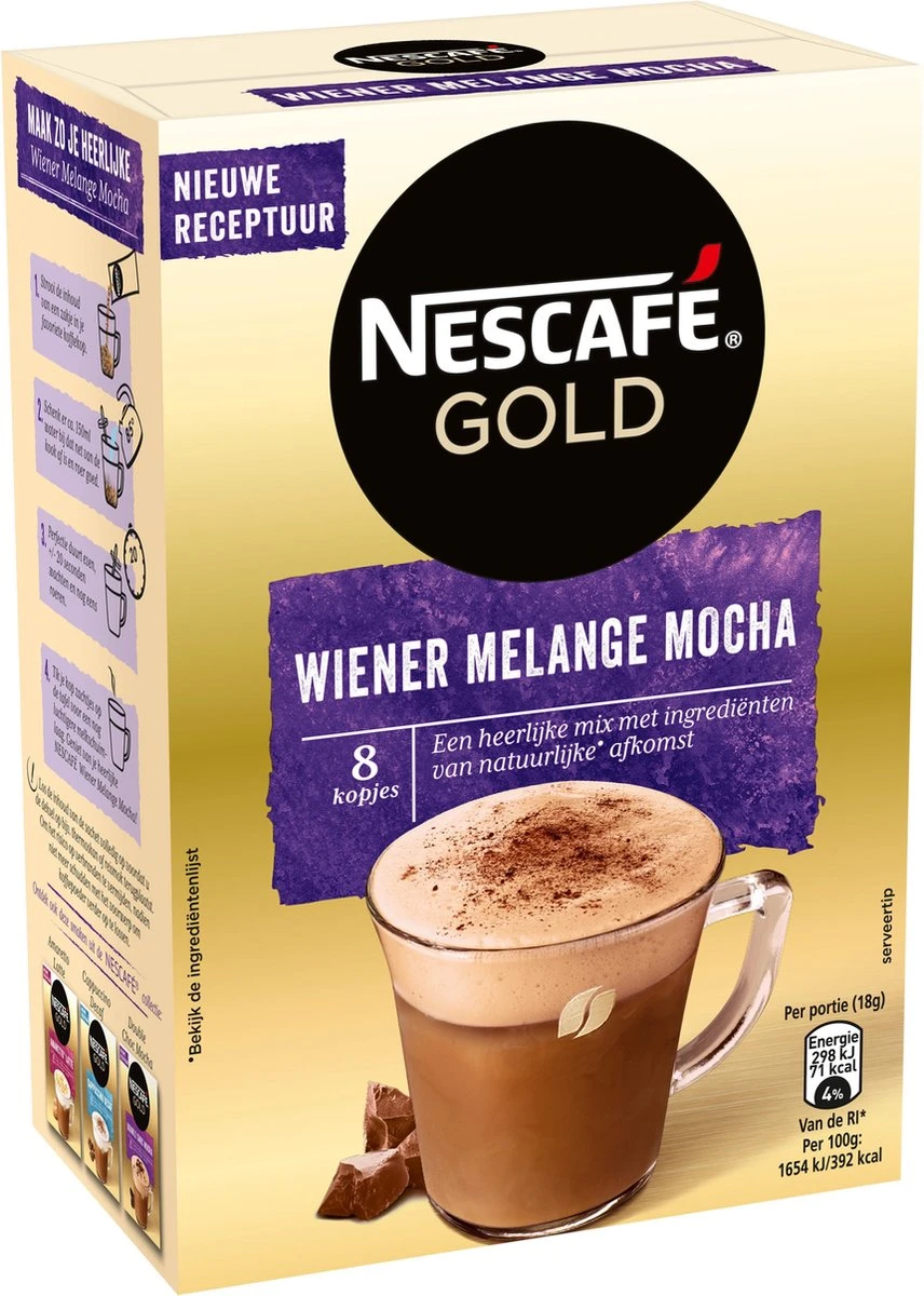 Nescafé Gold Wiener Melange Mocha oploskoffie - 6 doosjes à 8 zakjes Nescafé Gold Wiener Melange Mocha Oploskoffie - 6 Doosjes à 8 Zakjes -Lavazza Winkel