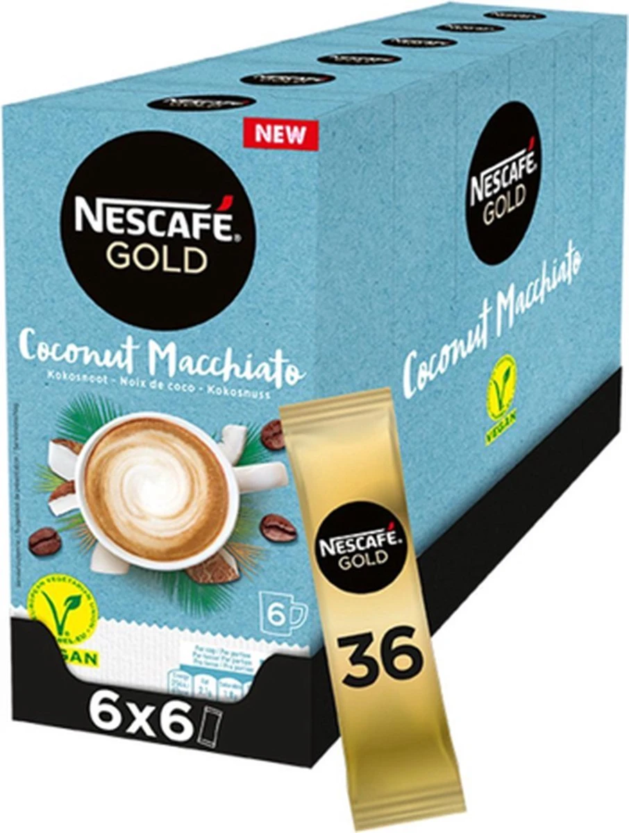 Nescafé Gold Coconut Macchiato oploskoffie - 6 doosjes à 6 zakjes Nescafé Gold Coconut Macchiato Oploskoffie - 6 Doosjes à 6 Zakjes -Lavazza Winkel